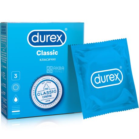 Durex Classic, 3 шт., Презервативы Классические, с гелем-смазкой