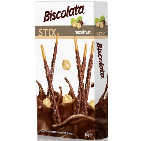 Biscolata, Stix Milky, 32 г, Соломка в молочному шоколаді з фундуком