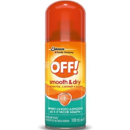 Off, Smooth & Dry, 100 мл, Спрей от комаров и мошек, с эффектом сухого аэрозоля
