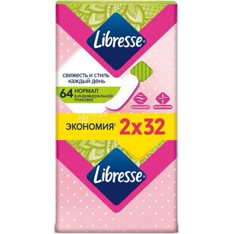 Libresse, Dailyfresh Normal, 64 шт, Щоденні прокладки, ультратонкі