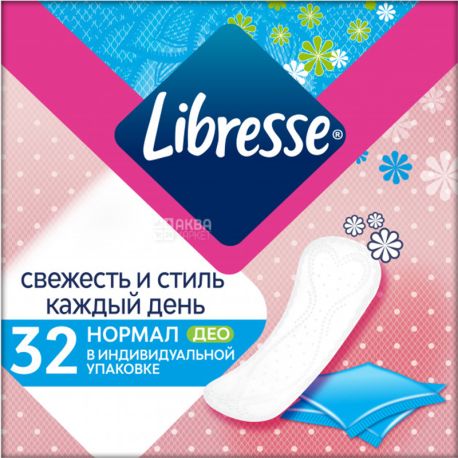 Libresse, Daily Fresh Plus Normal Deo, 32 шт, Ежедневные прокладки, ароматизированнные