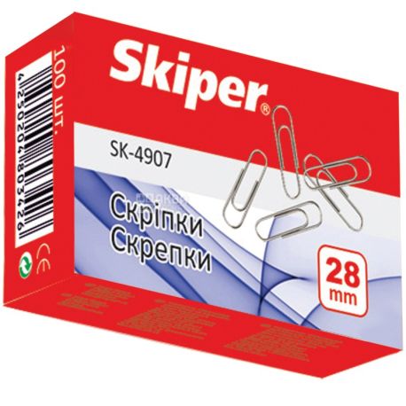 Skiper, 100 шт., 28 мм, скрепки канцелярские, Никелевые, м/у