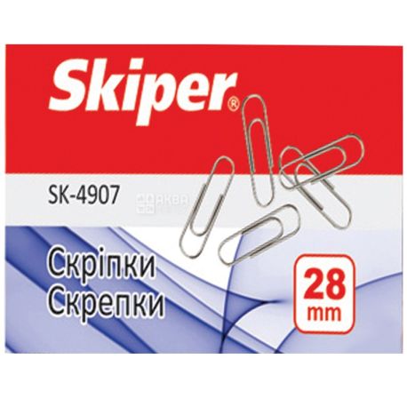 Skiper, 100 шт., 28 мм, скрепки канцелярские, Никелевые, м/у
