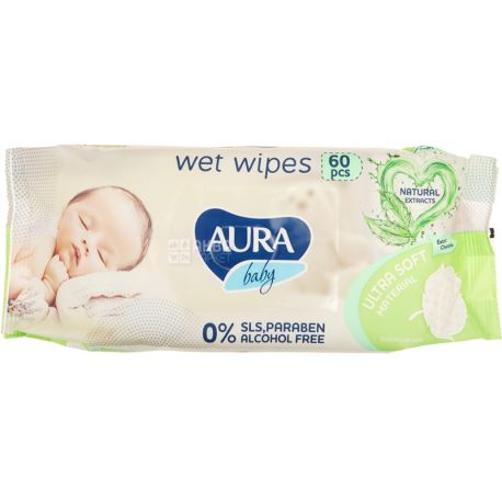 Aura Baby, 60 шт, Дитячі вологі серветки