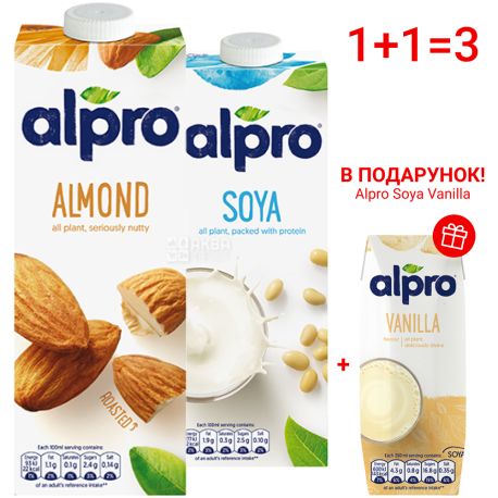 Молоко Alpro, Акционный набор 4, Миндаль и Соя Ориджинал 1л + Ваниль 250 мл