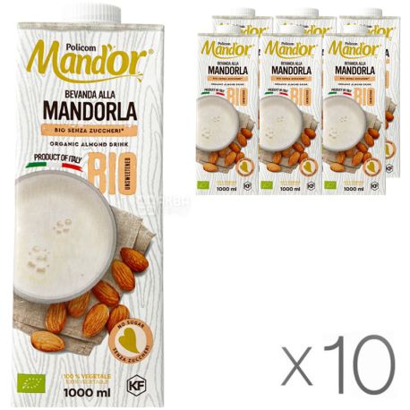 Mand`or Almond Organic, 1 л, Упаковка 10 шт., Мандор, Мигдальне молоко Органік без цукру