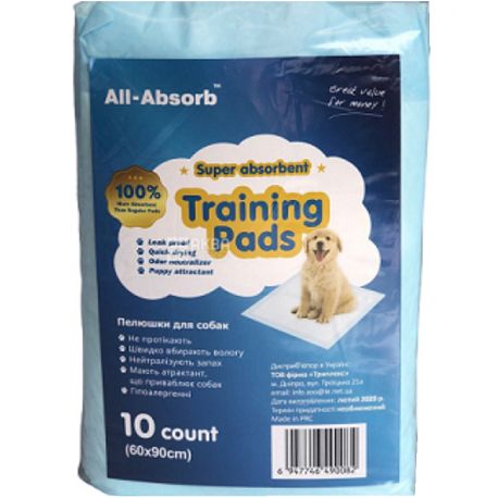 All-Absorb, Training Pads Basic, 10 шт., Пелюшки для собак, одноразові, 60 х 90 см