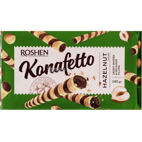 Roshen, 140 g, Wafer rolls with nut filling, Konafetto