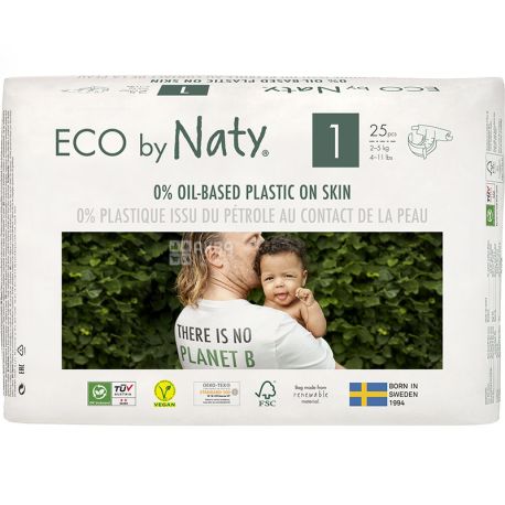 Eco by Naty, 25 шт., Підгузки Еко бай Наті, органічні, Розмір 1, 2-5 кг