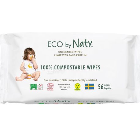 Eco by Naty, 56 шт., Серветки вологі, дитячі, органічні, без аромату
