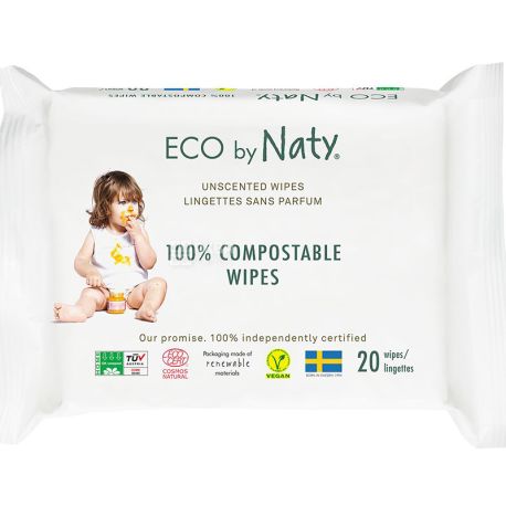 Eco by Naty, 20 шт., Серветки вологі, дитячі, для подорожей, органічні, без аромату