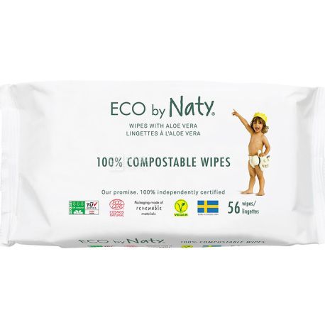 Eco by Naty, 56 шт., Салфетки влажные, детские, органические, с алоэ