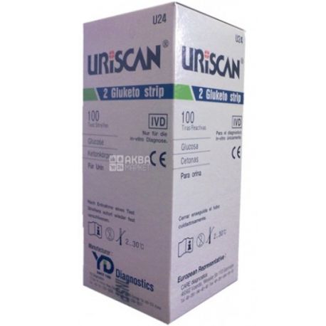 URISCAN U24, Gluketo, Тест-смужки на кетонові тіла і рівень глюкози в сечі, 100 шт.