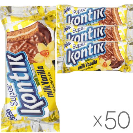 Konti, Супер-Контик, 100 г, упаковка 50 шт., Печенье-сэндвич, Ванильное 