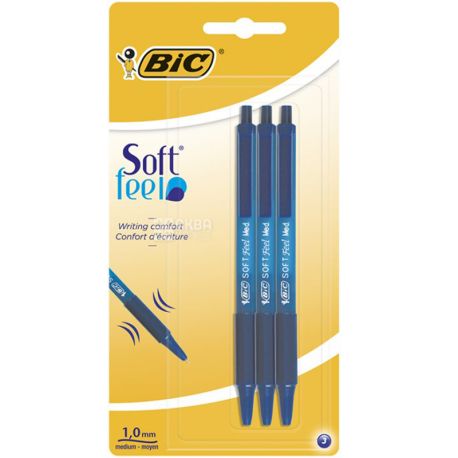 BIC, Soft Feal Click Grip, 3 шт., Набор ручек шариковых, автоматические, синие