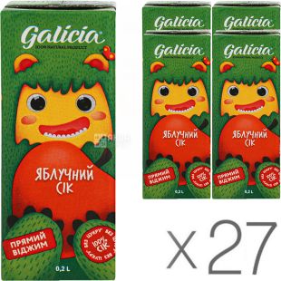 Galicia, Упаковка 27 шт. х 0,2 л, Сік натуральний Яблучний Галіція, без цукру, з трубочкою