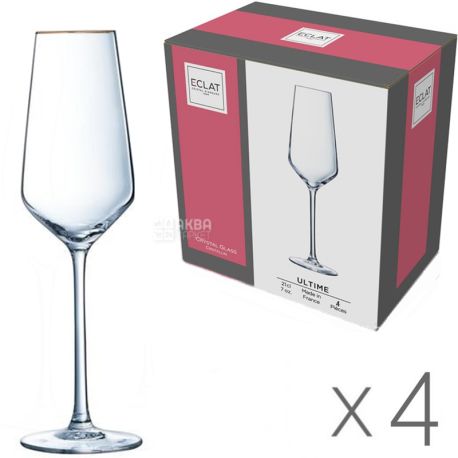 Eclat, Ultime Bord Or, 4 pcs. х 210 ml, Eklat, Set of glasses, for champagne, crystal