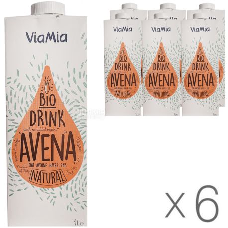 ViaMia, Bio Drink, Avena, 1 л, Упаковка 6 шт., ВиаМиа, Напиток овсяный органический, без сахара и глютена