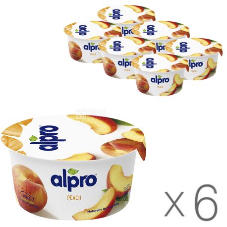 Alpro, Peach, упаковка 6 шт., По 150 г, Алпро, Соєвий йогурт з персиком, 3%