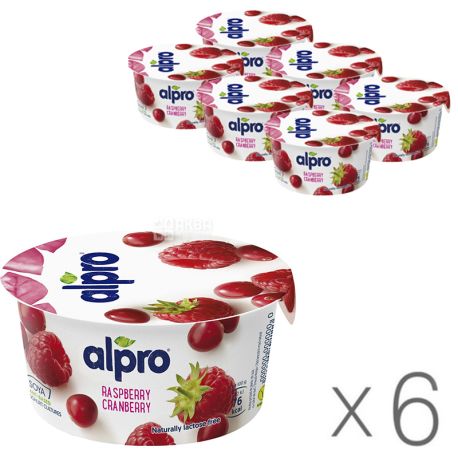 Alpro, Raspberry Cranberry, упаковка 6 шт., по 150 г, Алпро, Соєвий йогурт з малиною та журавлиною, 3%