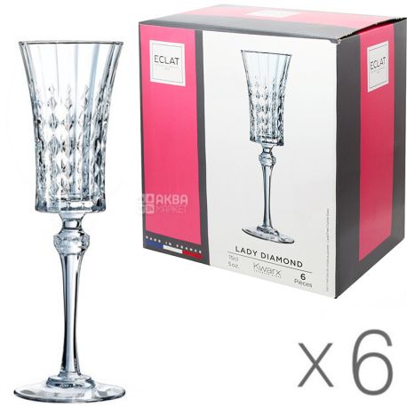 Eclat Lady Diamond, 150 ml x 6 pcs, Set of glasses, for champagne, crystal glass, transparent