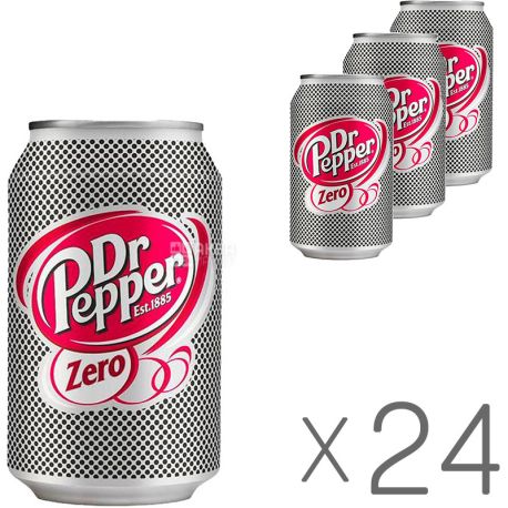 Dr Pepper, Zero, Упаковка 24 шт. по 0,33 л, Напій сильногазований, без цукру, ж/б