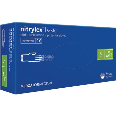 Mercator Medical, Nitrylex Basic, 200 шт., Перчатки нитриловые, неопудренные, размер S, синие