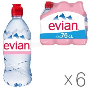 Evian, Спорт, 0,75 л, Упаковка 6 шт., Евіан, Вода негазована, ПЕТ