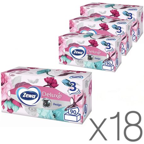 Zewa Deluxе, 18 упаковок х 90 шт., Серветки універсальні Зева Делюкс, 3-шарові, 20х21 см, в асортименті