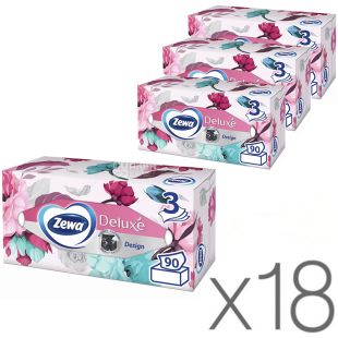 Zewa Deluxе, 18 упаковок х 90 шт., Салфетки универсальные Зева Делюкс, 3-х слойные, 20х21 см, в ассортименте