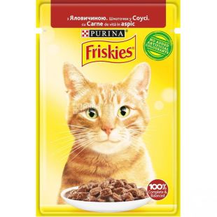 Purina Friskies, 85 г, Пуріна Фріскіс, Корм ​​для котів з яловичиною, шматочки в соусі