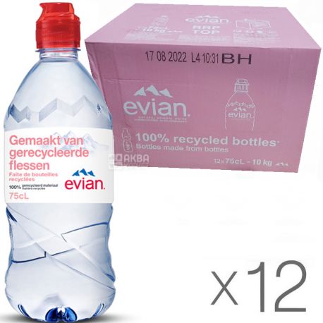 Evian, Спорт, 0,75 л, Упаковка 12 шт., Евіан, Вода негазована, ПЕТ