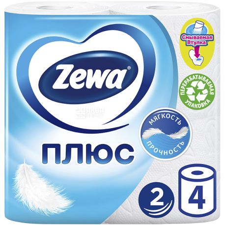 Zewa Plus, 4 рул., Туалетная бумага Зева Плюс, 2-х слойная