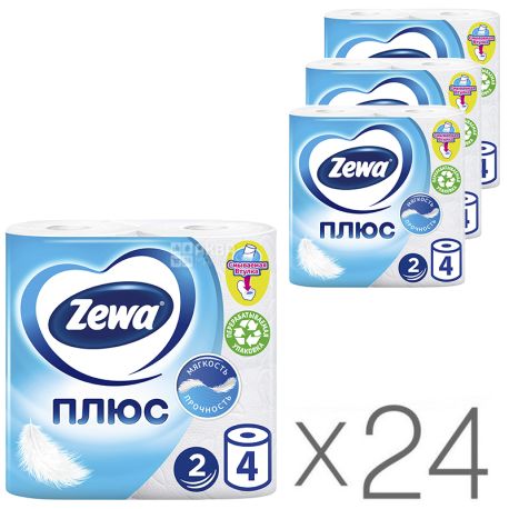 Zewa Plus, Упаковка 24 шт. по 4 рул., Туалетная бумага Зева Плюс, 2-х слойная