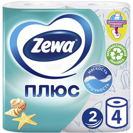 Zewa Plus, 4 рул., Туалетная бумага Зева Плюс, Свежесть Океана, 2-х слойная