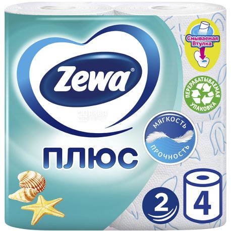 Zewa Plus, 4 рул., Туалетний папір Зева Плюс, Свіжість Океану, 2-х шаровий