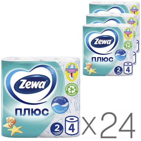 Zewa Plus, Упаковка 24 шт. по 4 рул., Туалетная бумага Зева Плюс, Свежесть Океана, 2-х слойная