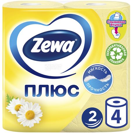 Zewa Plus, 4 рул., Туалетная бумага Зева Плюс, Ромашка, 2-х слойная