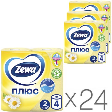 Zewa Plus, Туалетний папір, двошарова, аромат ромашки, 24 упаковки по 4 рулони