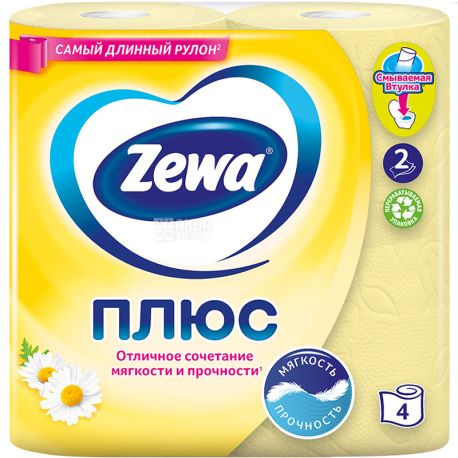 Zewa Plus, 4 рул., Туалетная бумага Зева Плюс, Ромашка, 2-х слойная