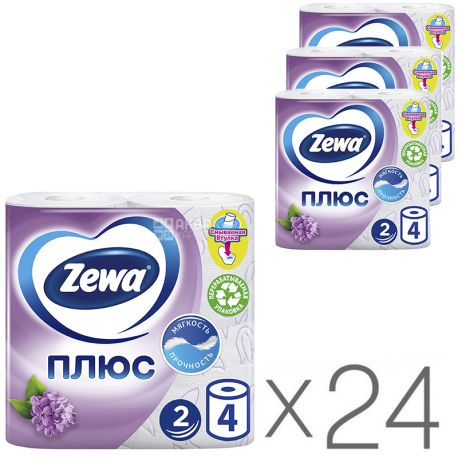 Zewa Plus, Упаковка 24 шт. по 4 рул., Туалетная бумага Зева Плюс, Сирень, 2-х слойная