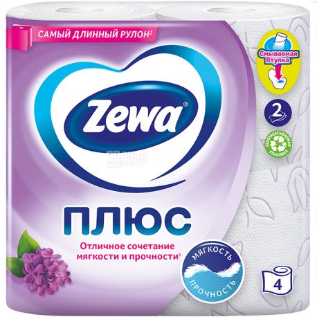 Zewa Plus, 4 рул., Туалетная бумага Зева Плюс, Сирень, 2-х слойная