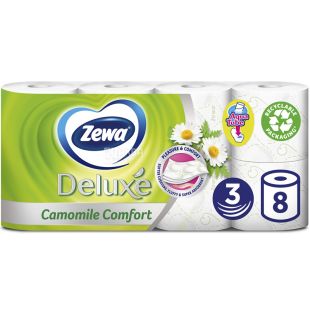 Zewa Deluxe Camomile Comfort, 8 рул., Туалетная бумага Зева Делюкс, Ромашка, 3-х слойная