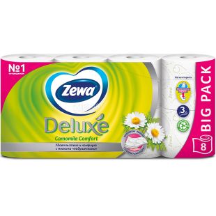 Zewa Deluxe Camomile Comfort, 8 рул., Туалетная бумага Зева Делюкс, Ромашка, 3-х слойная
