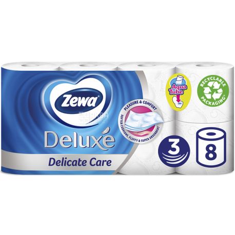 Zewa Deluxe Delicate Care, 8 рул., Туалетний папір Зева Делюкс, Делікатна Турбота, 3-х шаровий