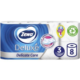 Zewa Deluxe Delicate Care, 8 рул., Туалетная бумага Зева Делюкс, Деликатная Забота, 3-х слойная