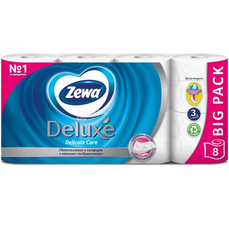 Zewa Deluxe Delicate Care, 8 рул., Туалетная бумага Зева Делюкс, Деликатная Забота, 3-х слойная