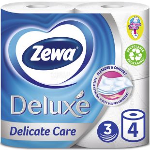 Zewa Deluxe Delicate Care, 4 рул., Туалетная бумага Зева Делюкс, Деликатная Забота, 3-х слойная