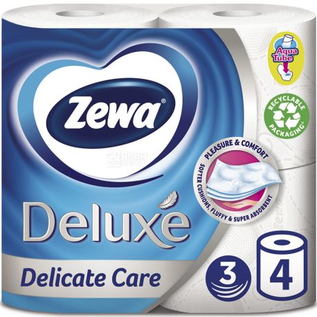 Zewa Deluxe Delicate Care, 4 рул., Туалетний папір Зева Делюкс, Делікатна Турбота, 3-х шаровий