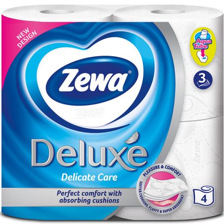 Zewa Deluxe Delicate Care, 4 рул., Туалетная бумага Зева Делюкс, Деликатная Забота, 3-х слойная